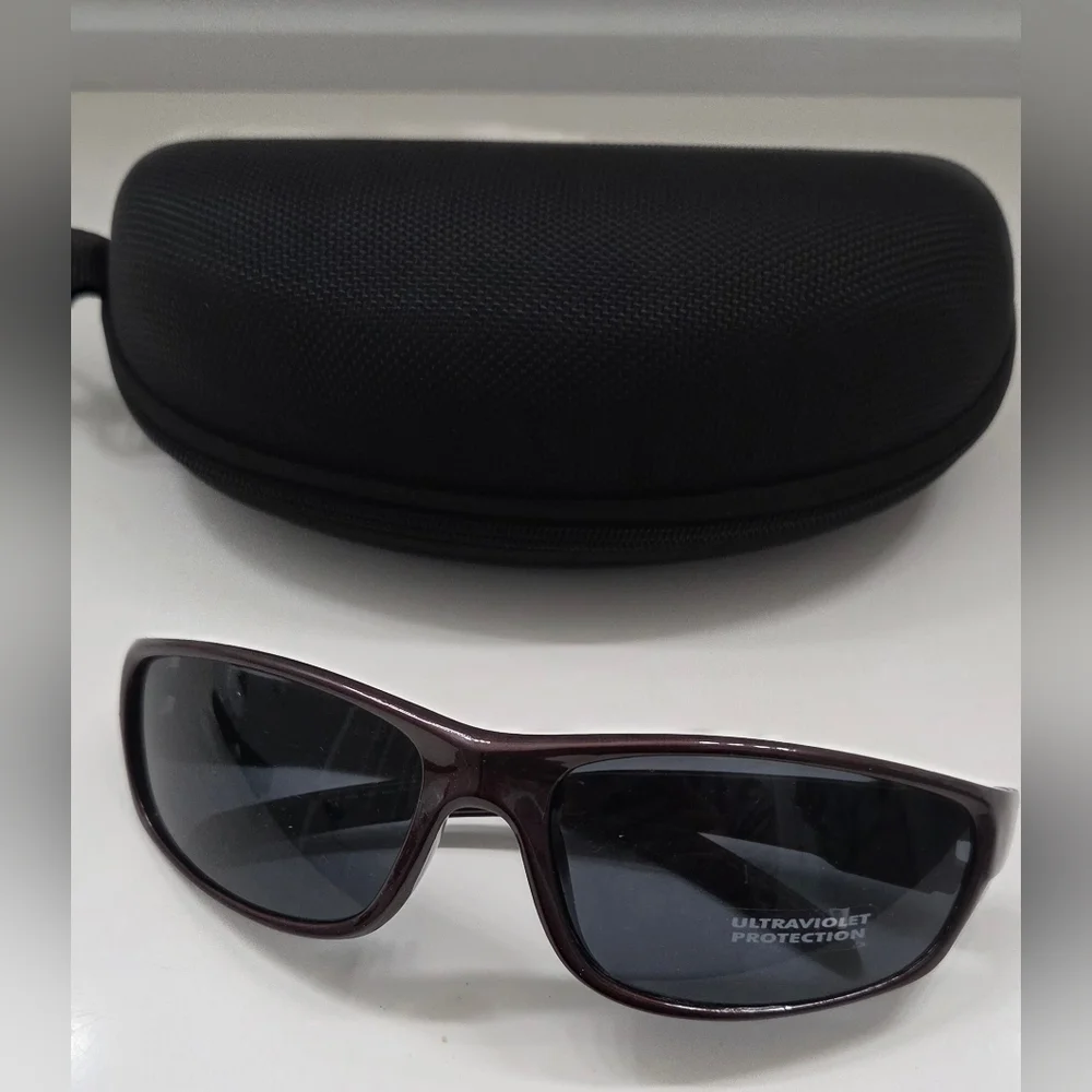 🕯 Y2K Burgundy Wrap Sunglasses UV400 Sport Rectangle Shades w/ Hard Case NWT